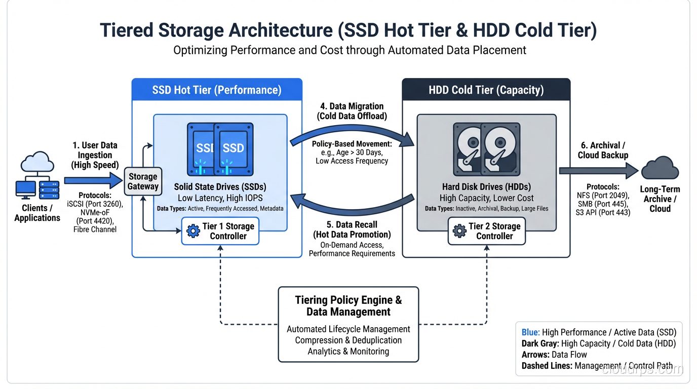 Architecture diagram showing tiered storage with SSD hot tier and HDD cold tier