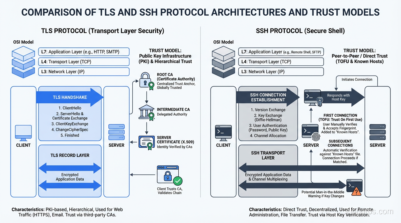 Comparison of TLS and SSH protocol architectures and trust models