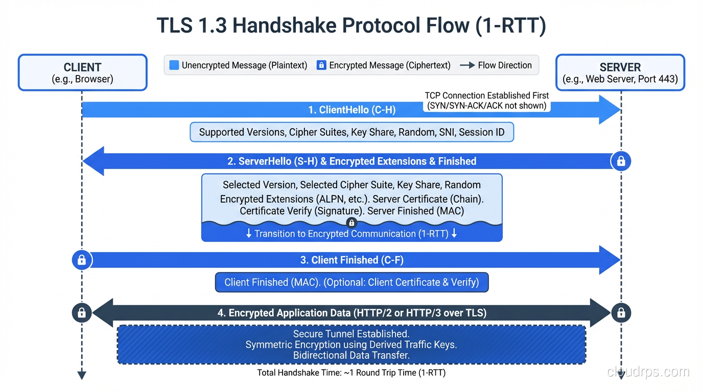 TLS 1.3 handshake showing ClientHello, ServerHello, and the transition to encrypted communication