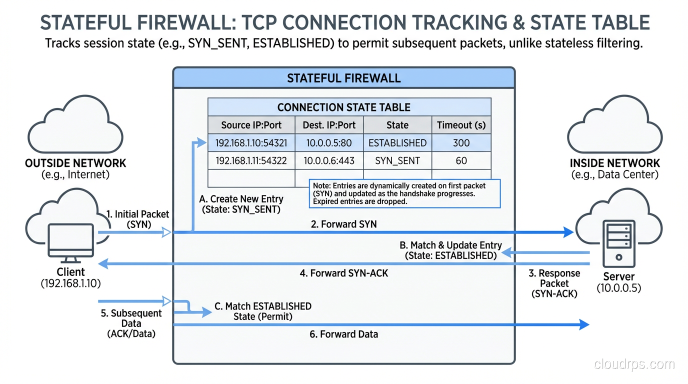 Illustration of a stateful firewall connection table tracking TCP sessions