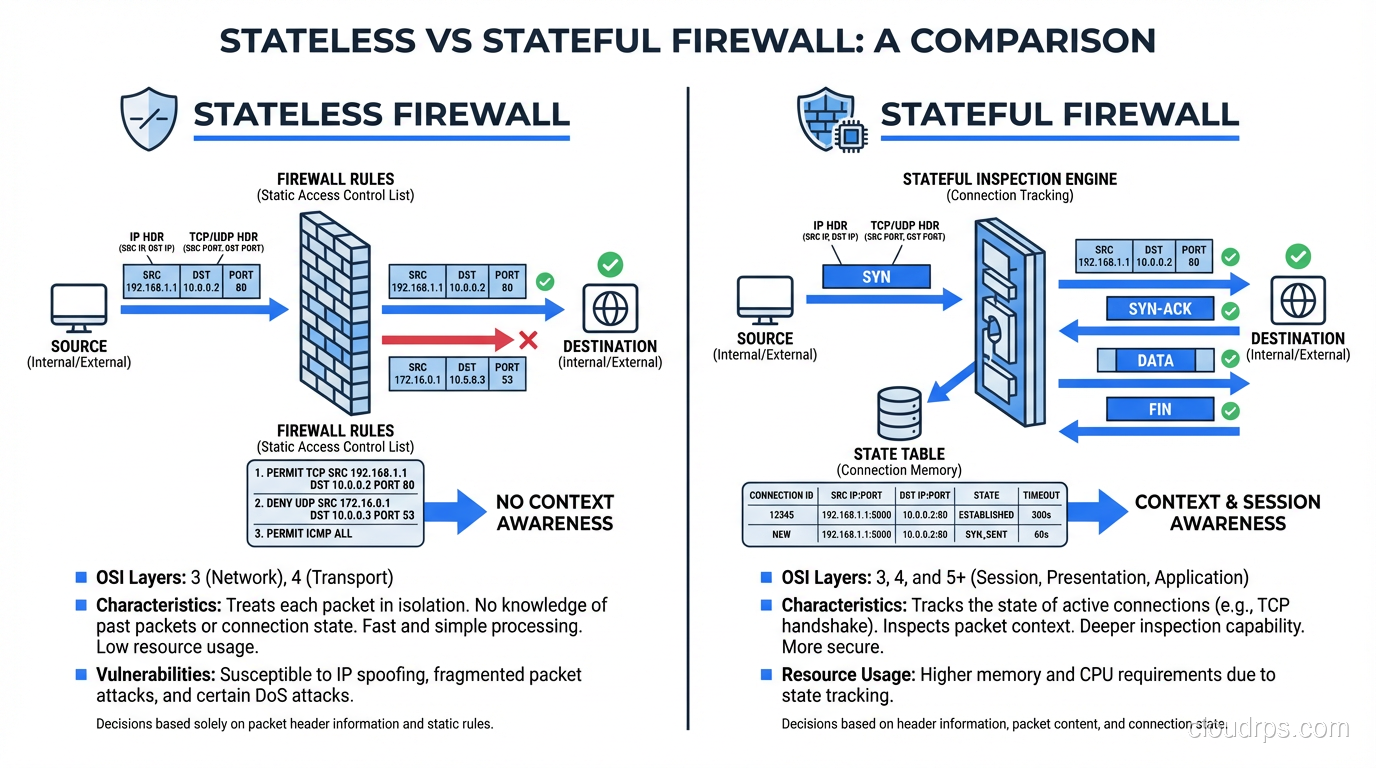 Diagram comparing stateless packet filtering and stateful connection tracking in firewalls