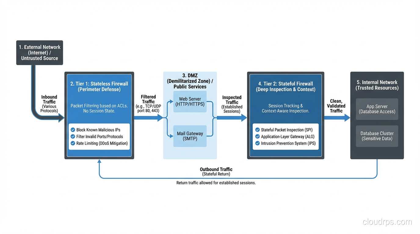 Architecture diagram showing layered firewall deployment with stateless and stateful tiers