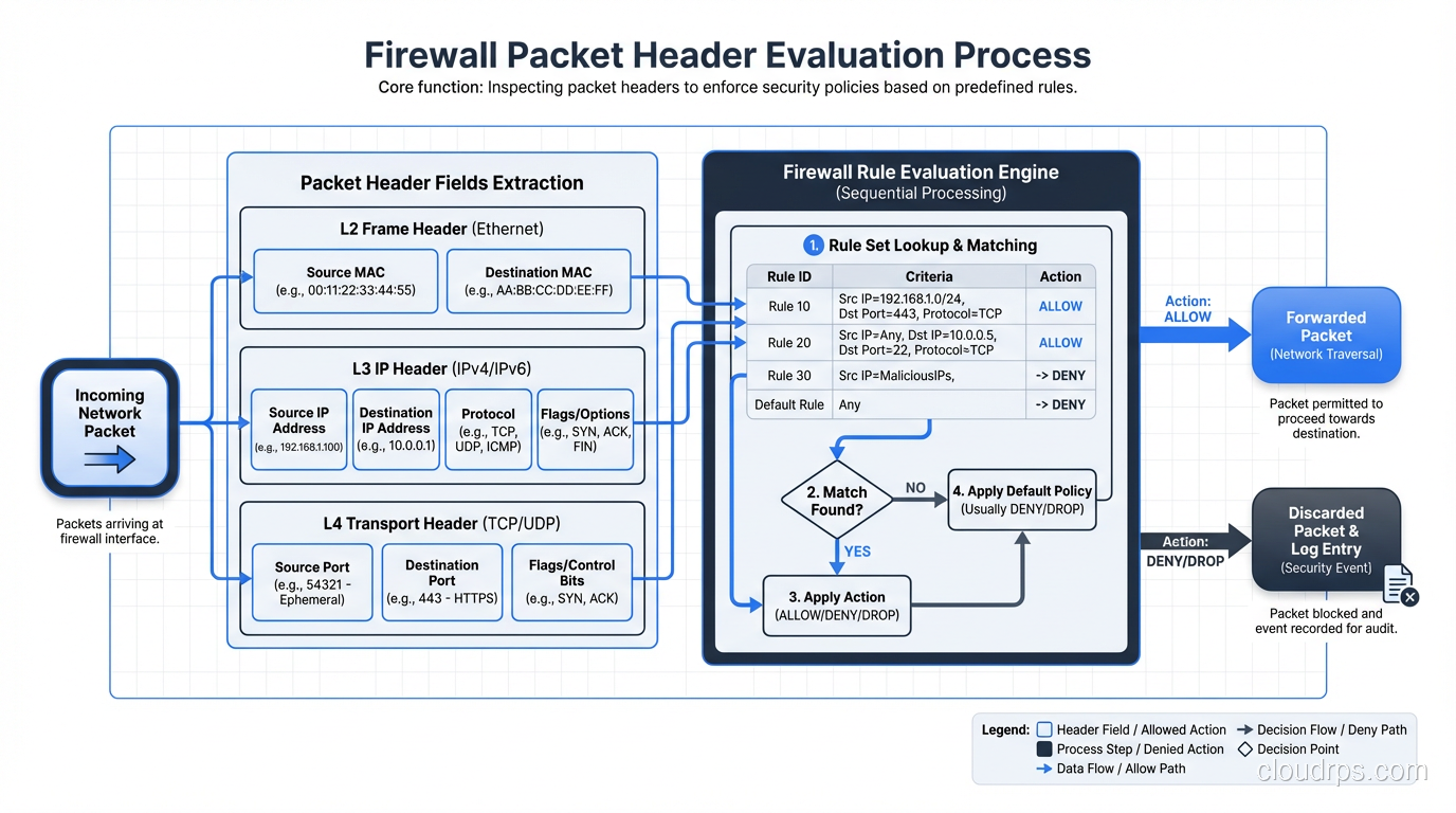 Diagram showing packet header fields used in firewall rule evaluation