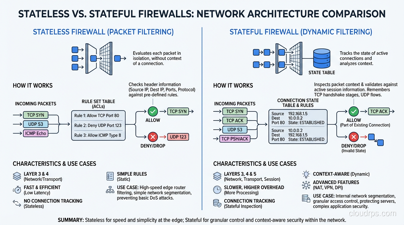 Summary diagram showing when to use stateless vs stateful firewalls in network architecture