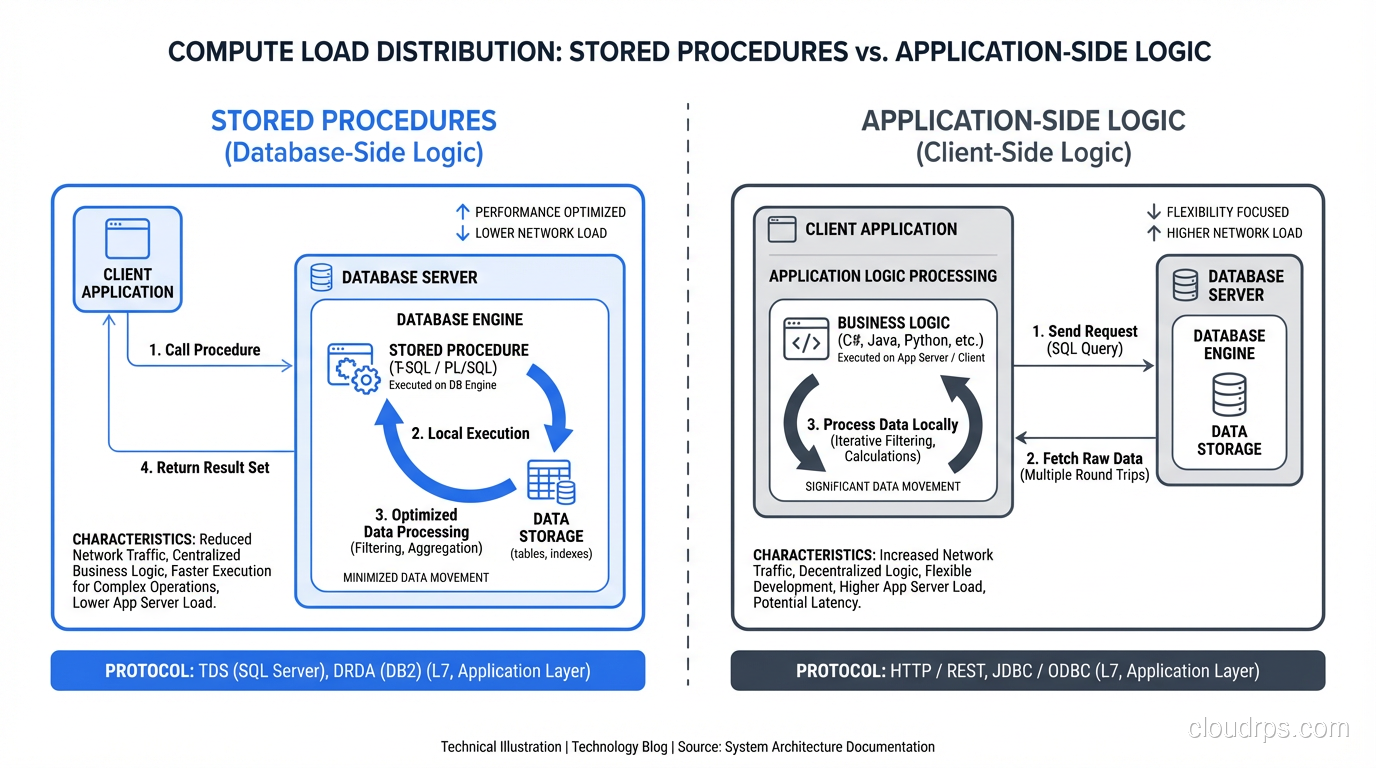 Diagram showing compute load distribution with stored procedures vs application-side logic