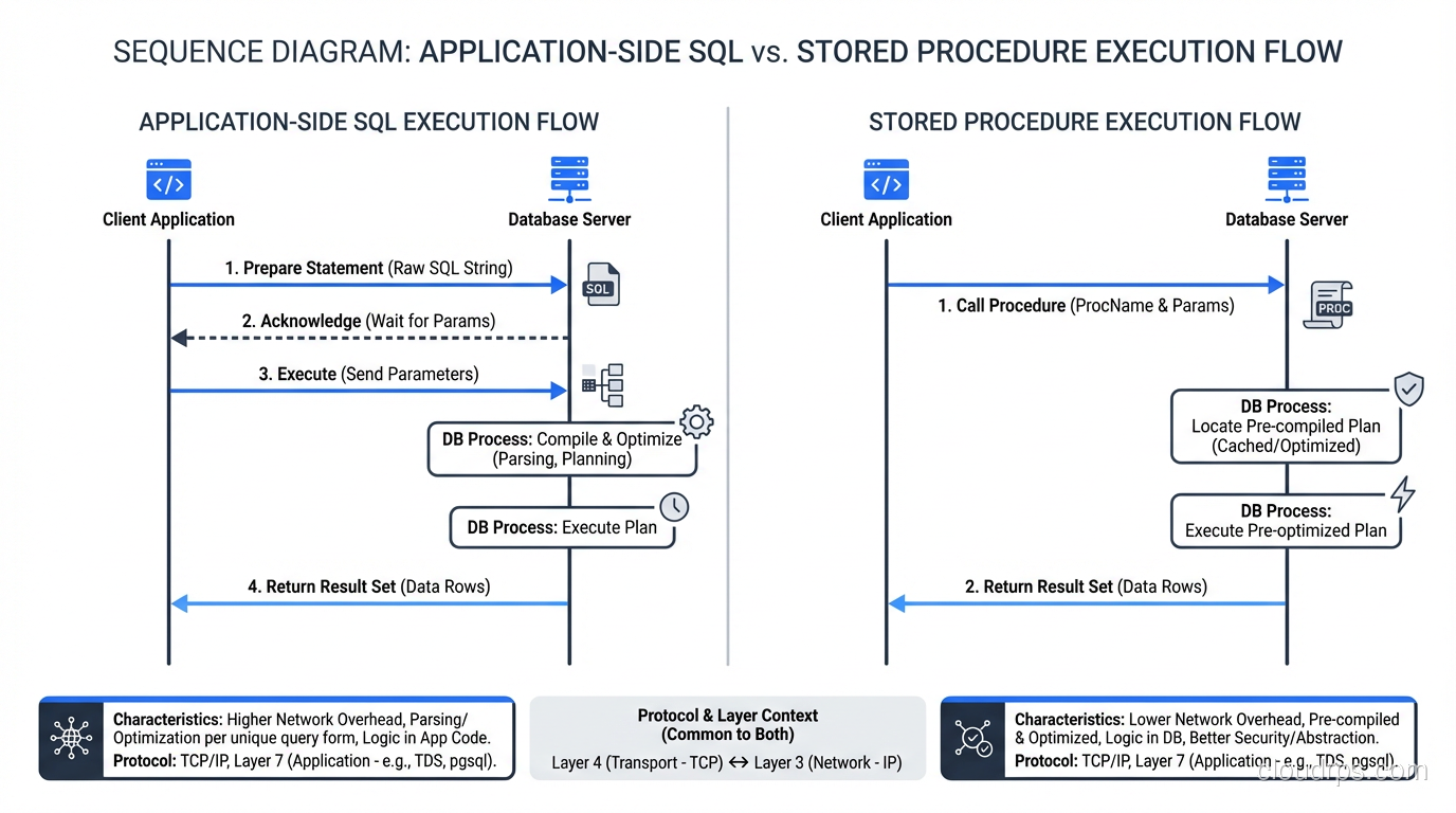 Sequence diagram comparing application-side SQL vs stored procedure execution flow