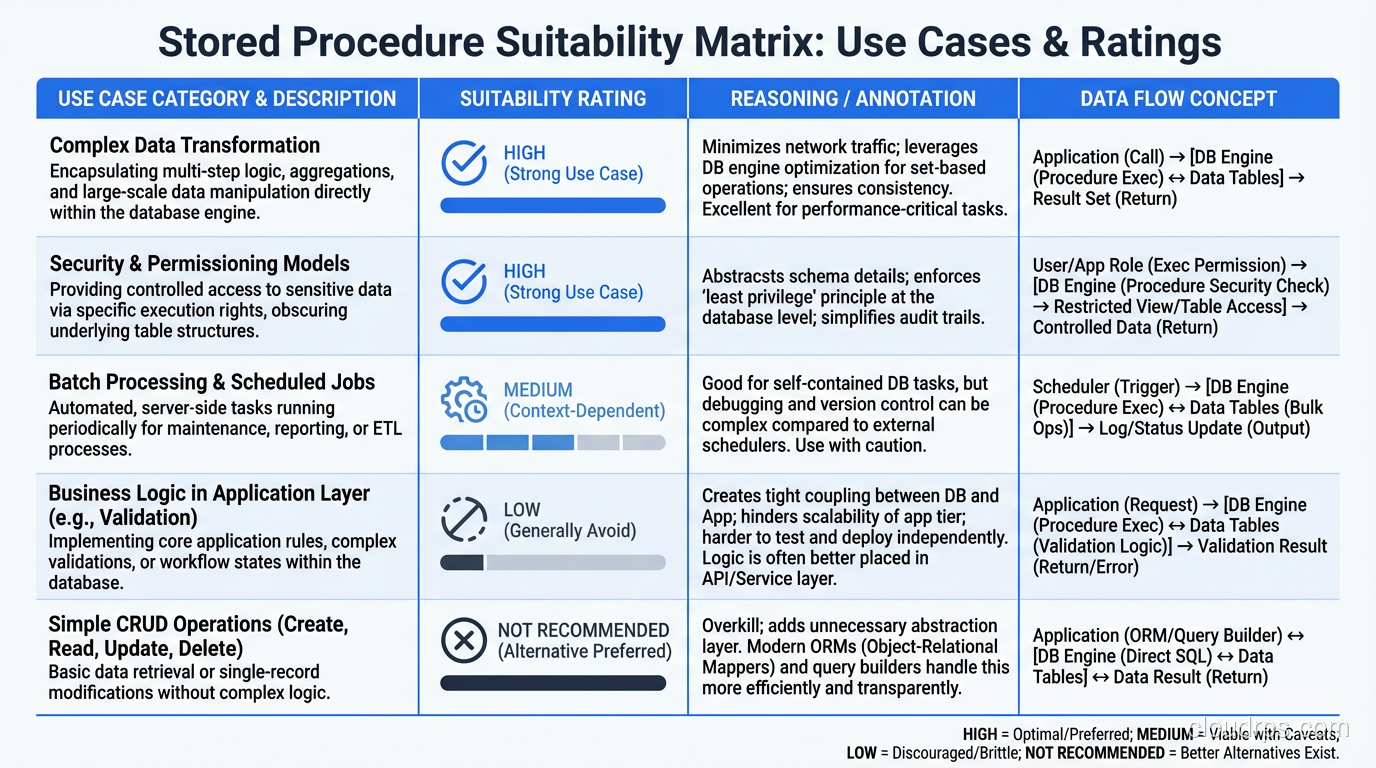 Table comparing stored procedure use cases rated by suitability