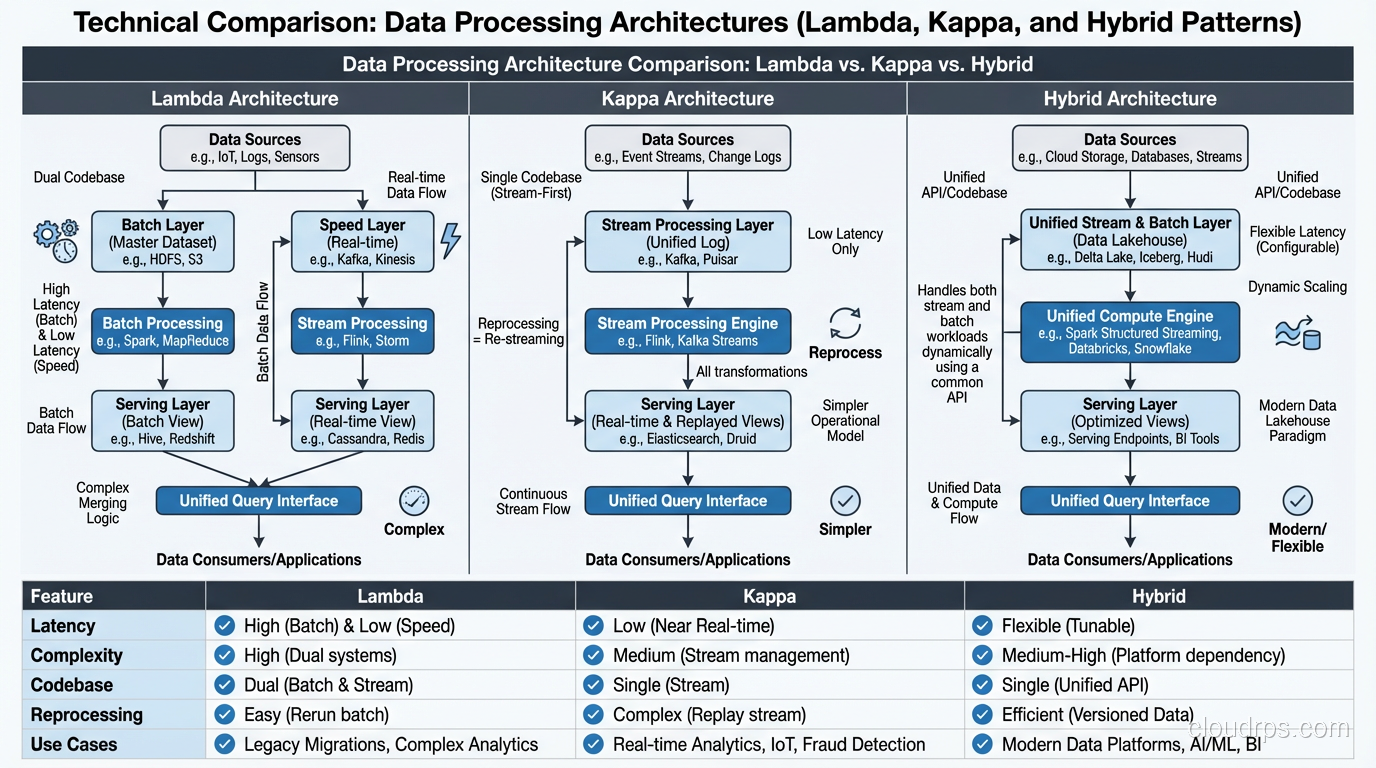 Three architecture patterns compared: Lambda, Kappa, and Hybrid approaches