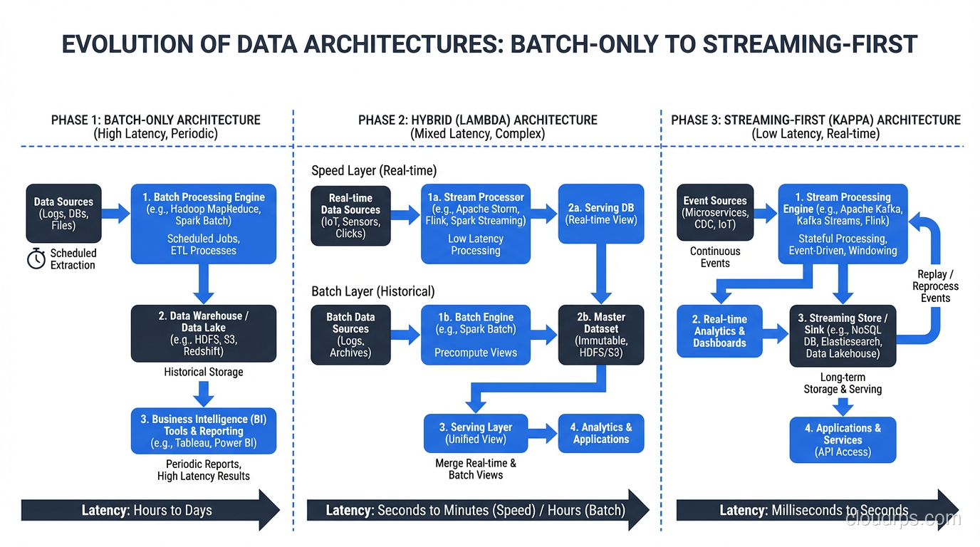 Evolution timeline from batch-only to streaming-first architectures