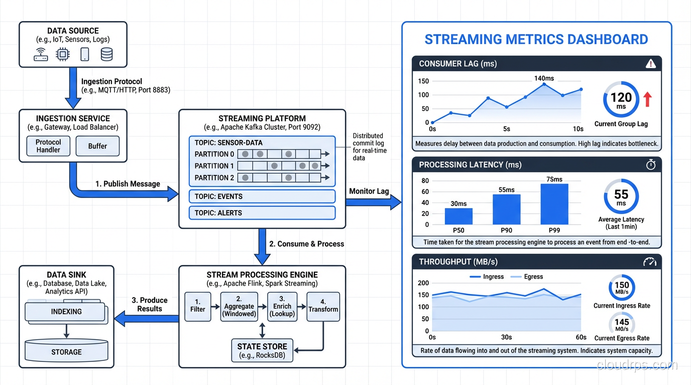 Dashboard showing key streaming metrics: consumer lag, processing latency, and throughput