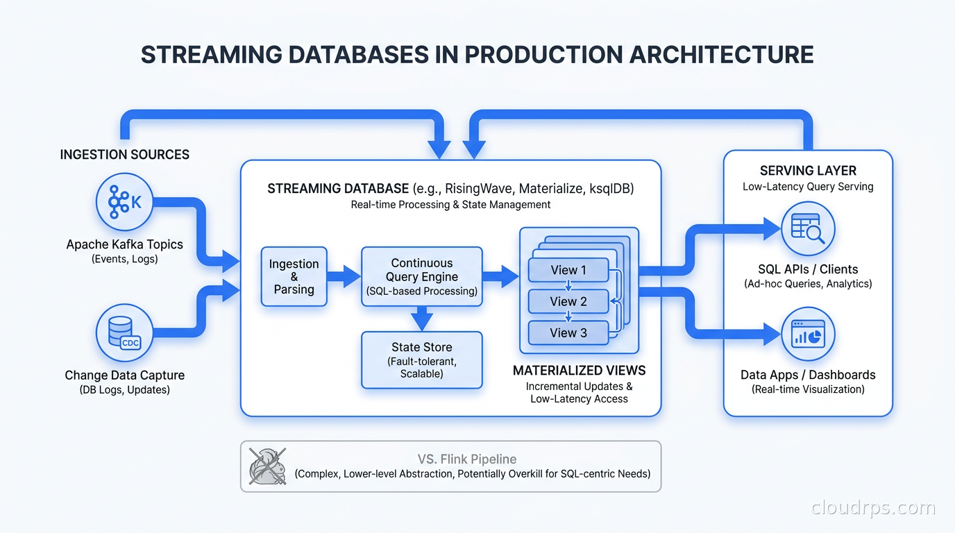 Architecture diagram showing streaming database ingesting Kafka topics and CDC events, maintaining materialized views, and serving SQL queries