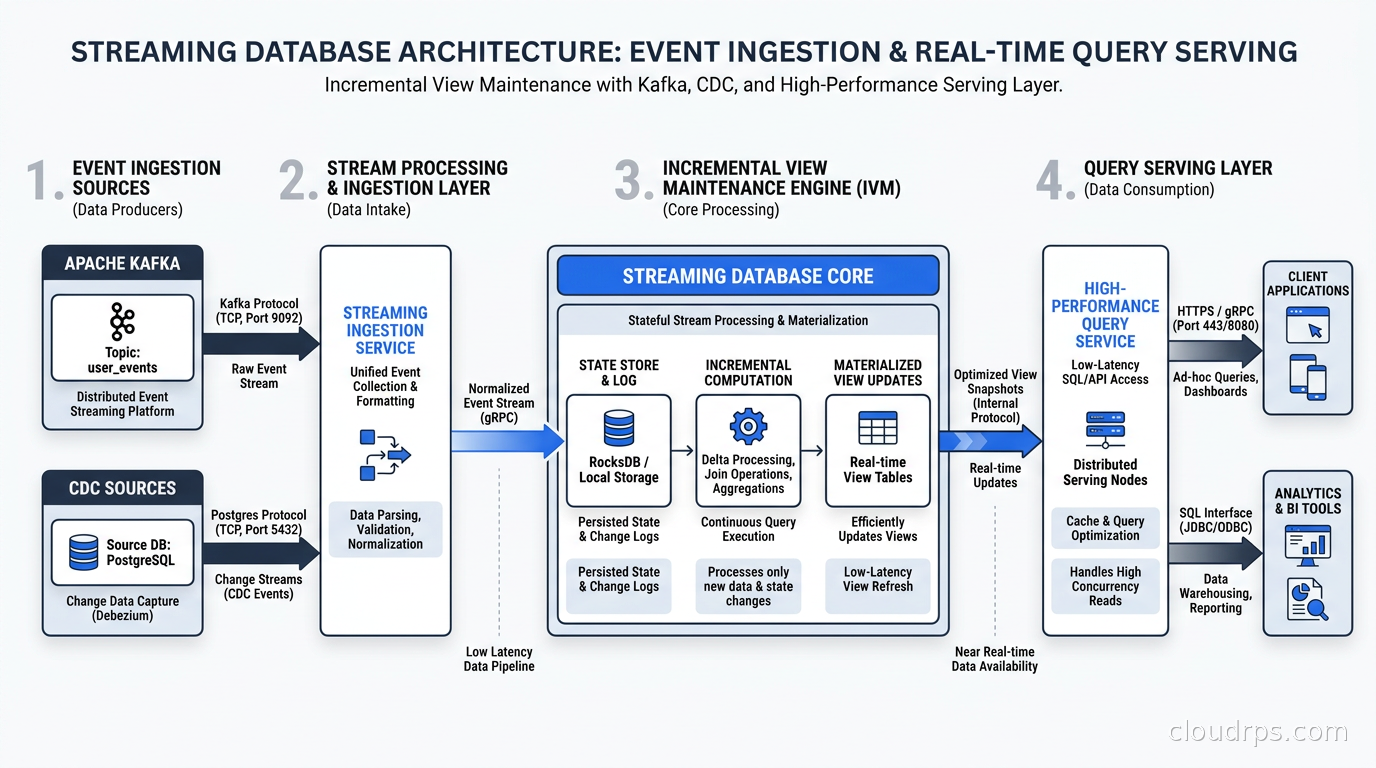 Streaming database architecture showing event ingestion from Kafka and CDC sources, incremental view maintenance engine, and query serving layer