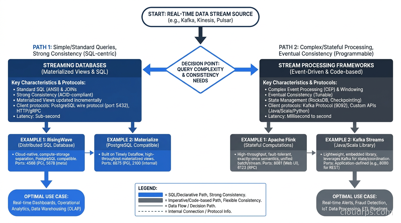 Decision tree for choosing between streaming database (RisingWave, Materialize) and stream processing (Apache Flink, Kafka Streams) based on query complexity and consistency requirements