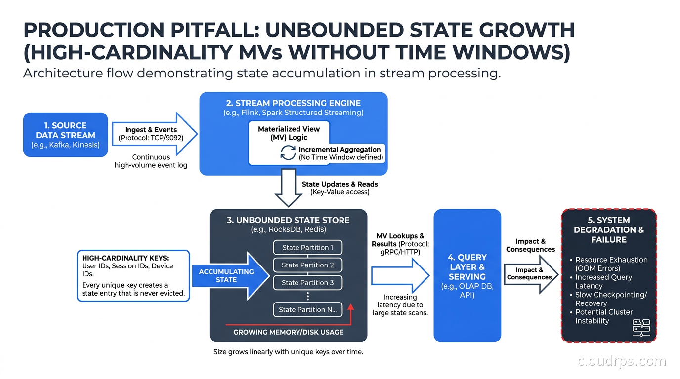 Common production pitfall diagram showing unbounded state growth from high-cardinality materialized views without time window bounds