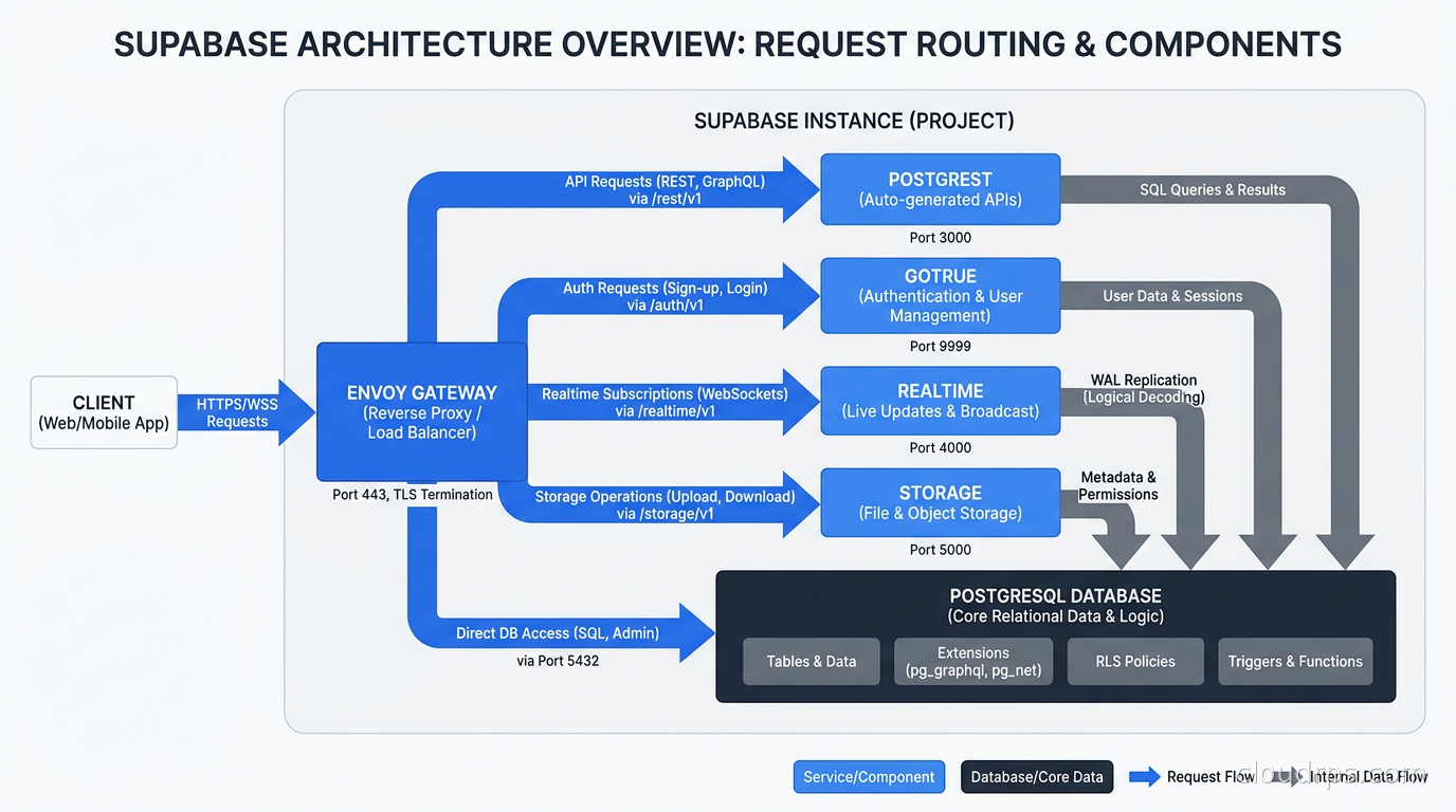 Supabase architecture overview showing Envoy gateway routing requests to PostgREST, GoTrue, Realtime, Storage, and PostgreSQL