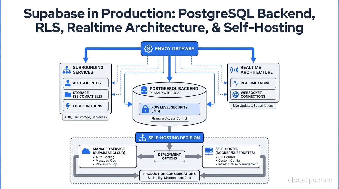 Diagram of Supabase architecture showing Envoy gateway routing to PostgreSQL and surrounding services