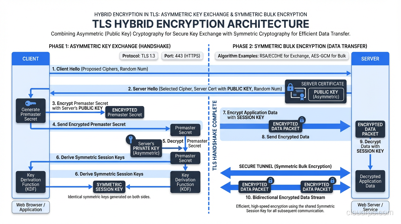 Diagram showing hybrid encryption in TLS combining asymmetric key exchange with symmetric bulk encryption