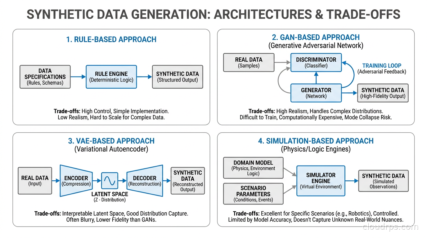 Synthetic data generation architecture showing the four approaches and their trade-offs