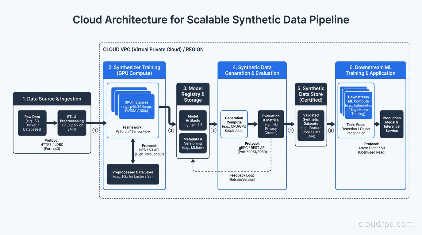 Cloud architecture diagram showing synthetic data pipeline components including GPU training instances, model storage, evaluation compute, and downstream ML training infrastructure