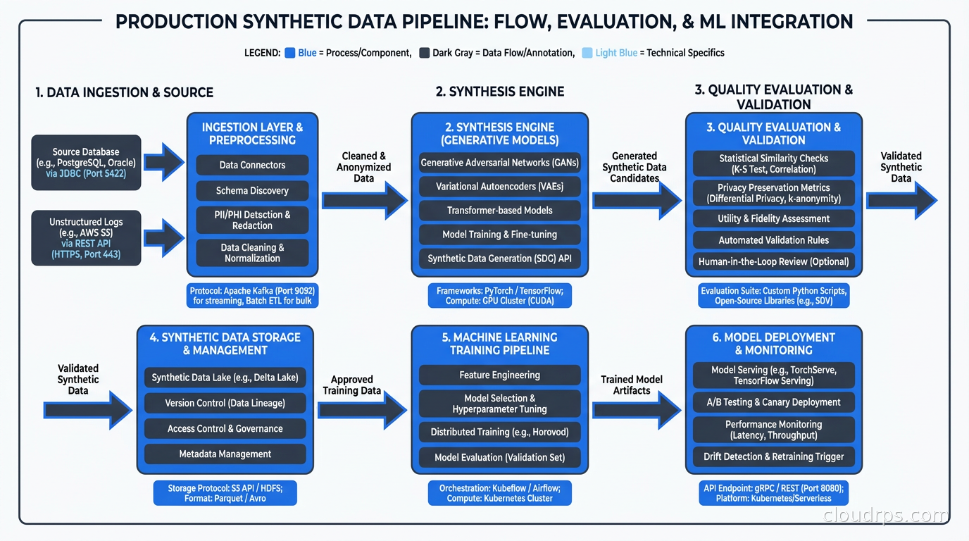 Production synthetic data pipeline showing data flow from ingestion through synthesis and quality evaluation to ML training