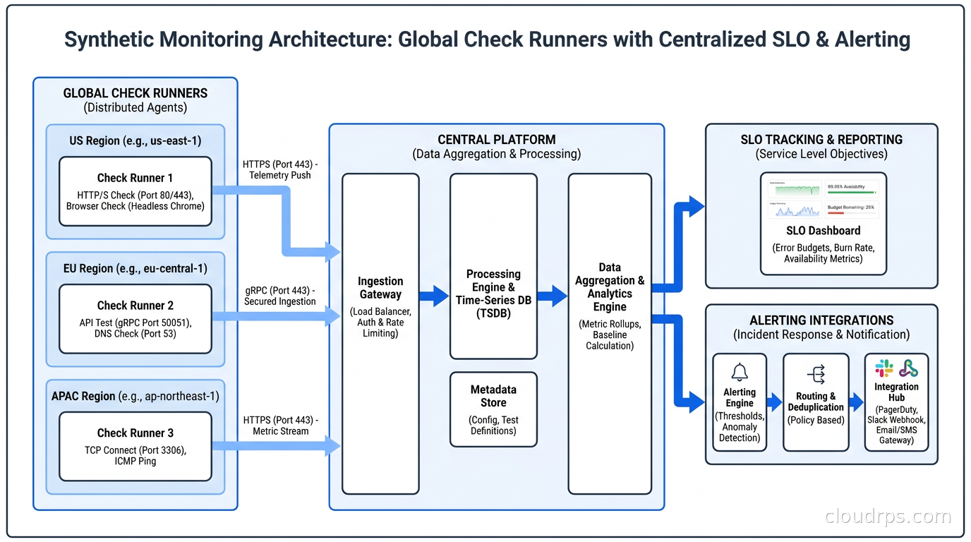 Synthetic monitoring architecture diagram showing check runners in multiple regions sending results to a central platform with SLO tracking and alerting integrations
