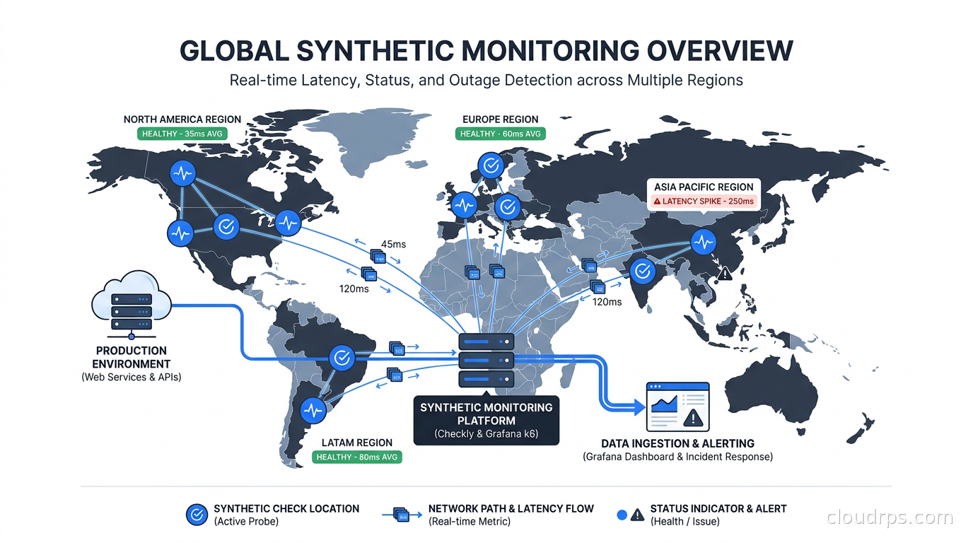 Global map showing synthetic monitoring check locations with real-time status indicators and latency metrics from multiple regions