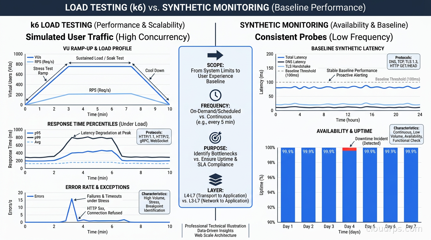 k6 load test dashboard showing VU ramp-up, response time percentiles under load, and error rate compared against baseline synthetic monitoring latency