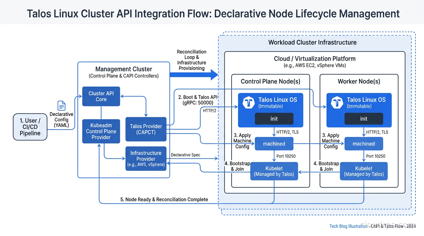 Talos Linux Cluster API integration flow showing declarative node lifecycle management