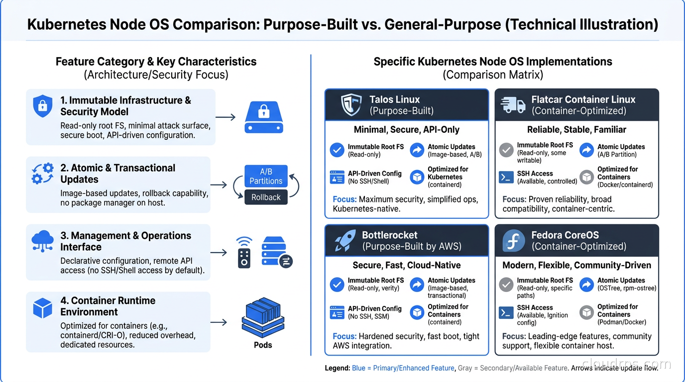 Comparison of Talos Linux, Flatcar Container Linux, Bottlerocket, and Fedora CoreOS for Kubernetes node use cases