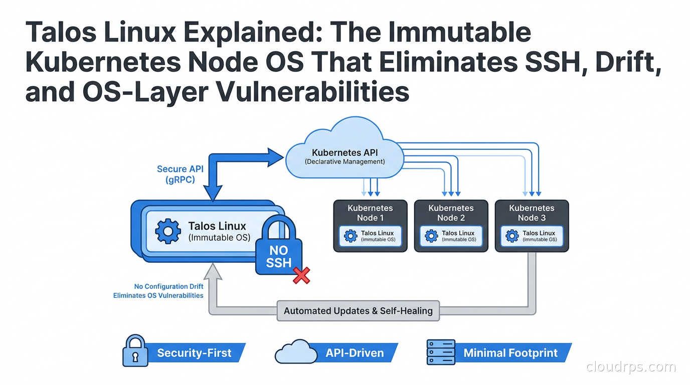 Talos Linux immutable OS architecture diagram for Kubernetes nodes showing API-driven management
