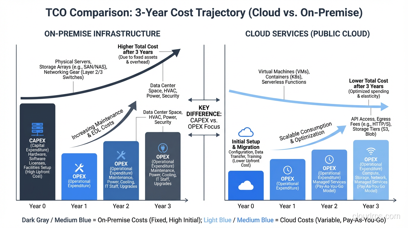 TCO comparison chart showing 3-year cost trajectory for cloud vs on-premise