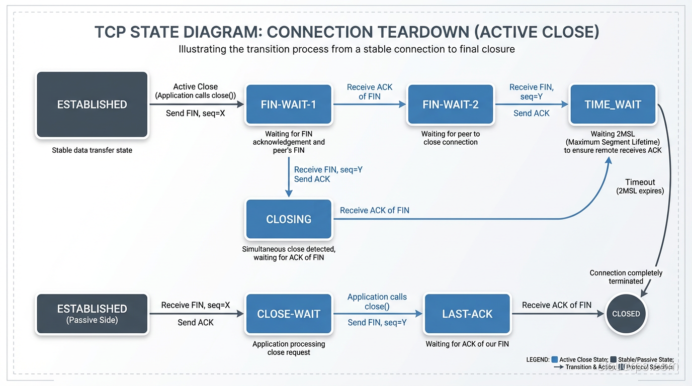 TCP state diagram showing connection states and transitions from ESTABLISHED to TIME_WAIT