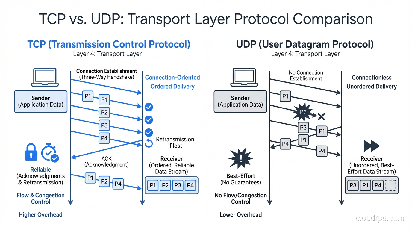 Comparison showing TCP&rsquo;s ordered reliable delivery vs UDP&rsquo;s fast unordered best-effort delivery