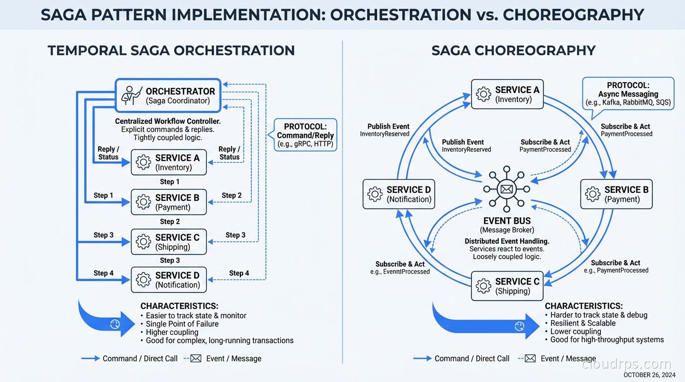 Temporal saga orchestration vs choreography comparison showing centralized workflow vs distributed event handling