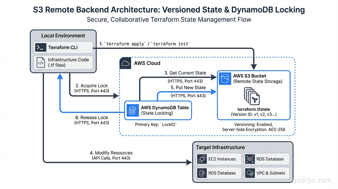 S3 remote backend architecture with versioned bucket and DynamoDB lock table
