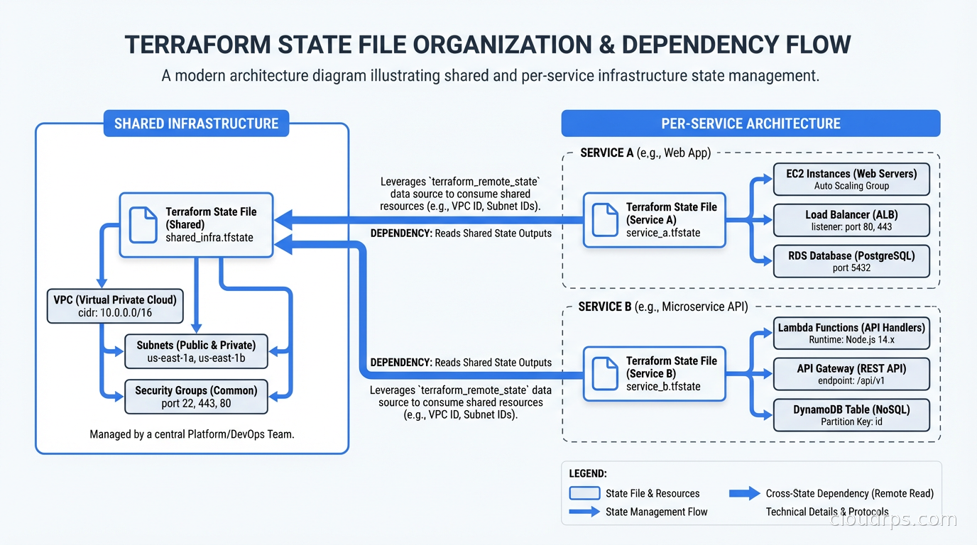 Terraform state file organization showing shared infrastructure state and per-service state with dependency arrows