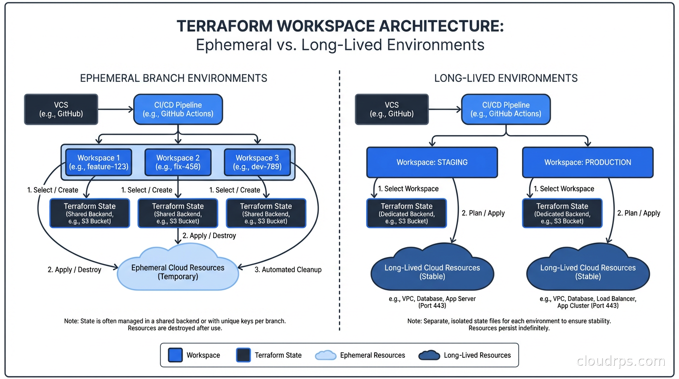 Terraform workspace diagram showing ephemeral branch environments versus separate state for long-lived environments