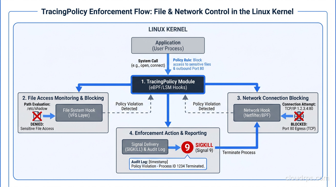 TracingPolicy enforcement flow showing file access monitoring, network connection blocking, and SIGKILL delivery at the kernel hook point
