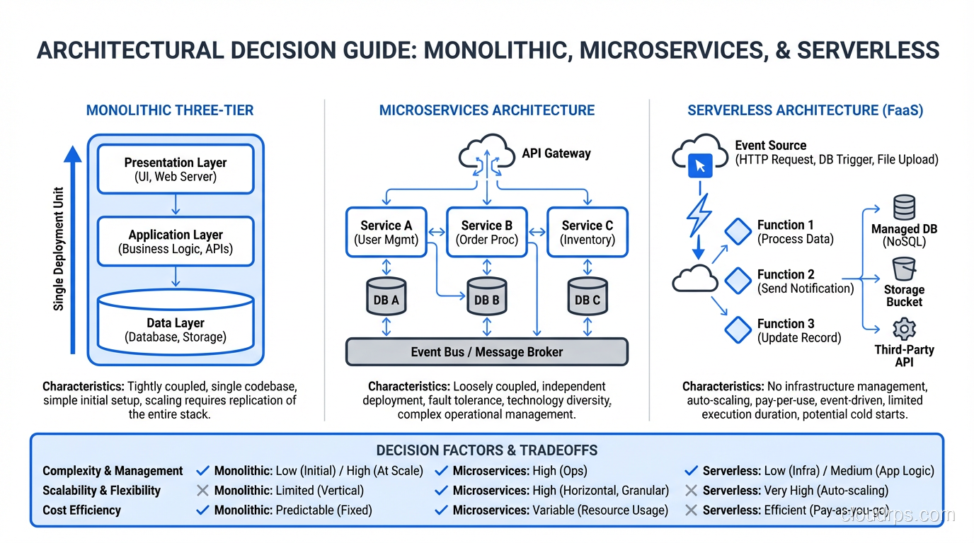Decision guide for choosing between monolithic three-tier, microservices, and serverless
