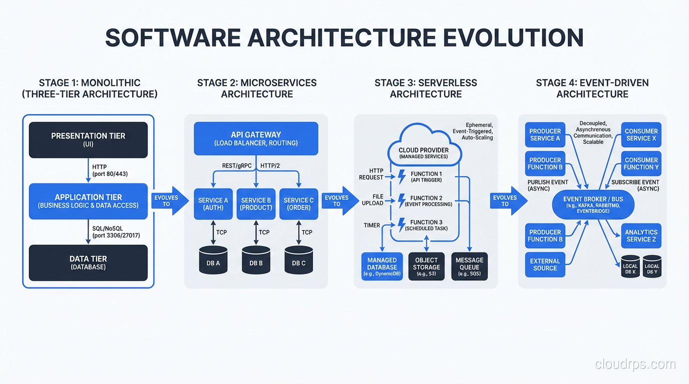 Evolution diagram showing three-tier to microservices to serverless to event-driven