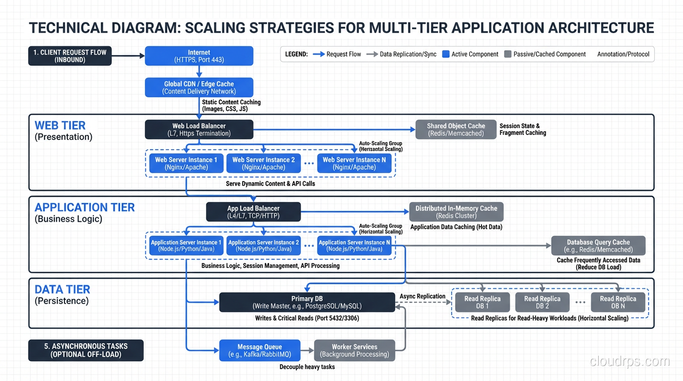 Scaling strategies for each tier showing horizontal scaling, read replicas, and caching