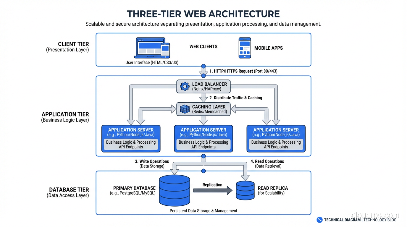 Clean three-tier architecture diagram showing client, application server, and database