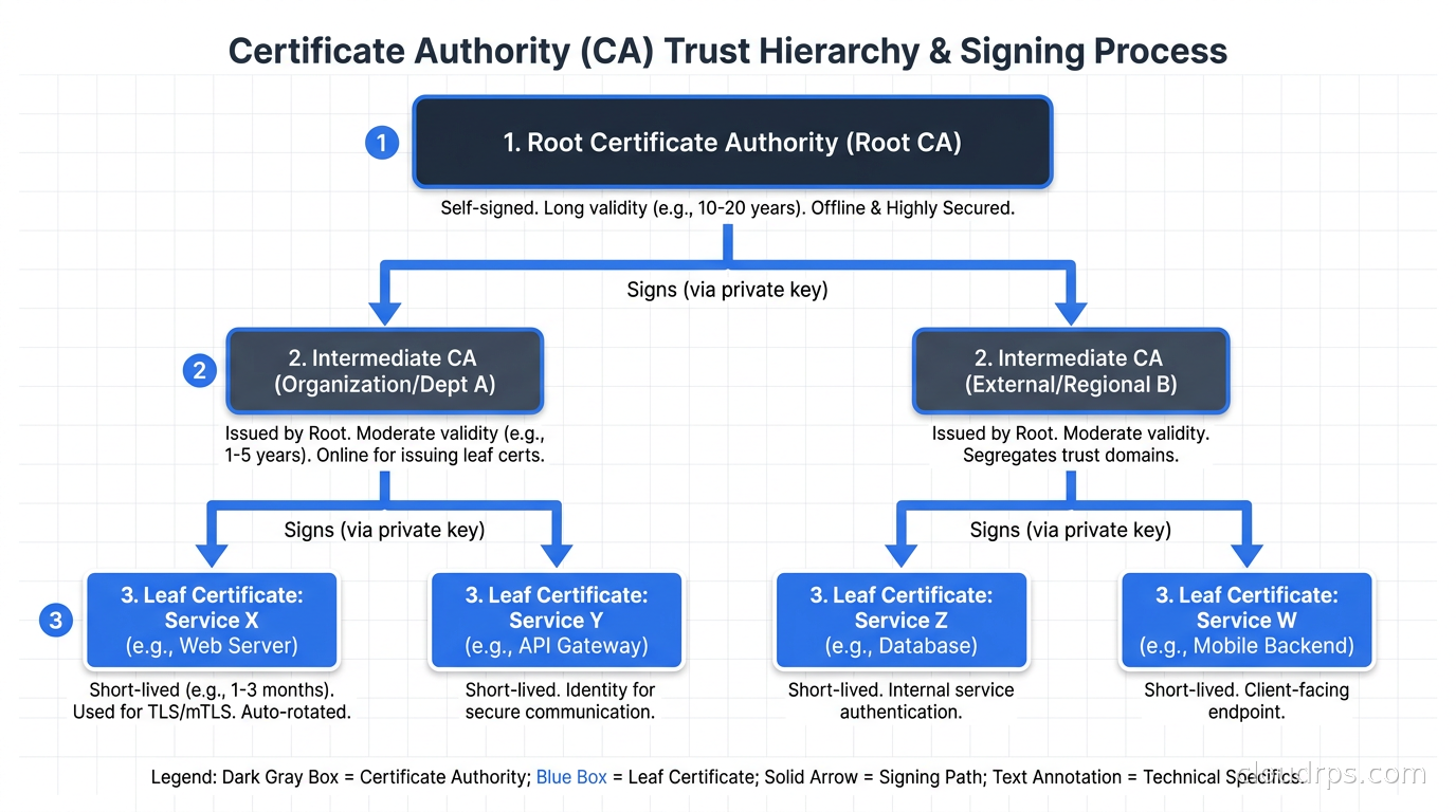 Certificate hierarchy diagram showing root CA signing intermediate CAs which sign short-lived leaf certificates for services