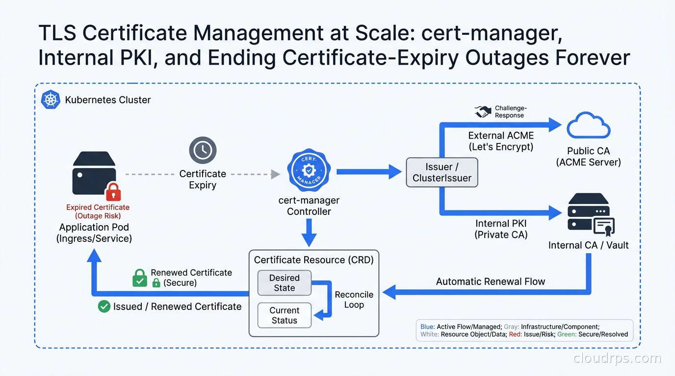 Diagram showing cert-manager architecture with issuers, certificate objects, and automatic renewal flow in Kubernetes
