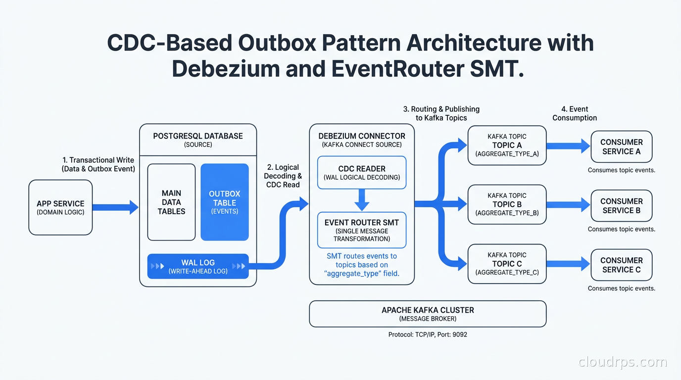 Architecture diagram showing the CDC-based outbox pattern with Debezium reading PostgreSQL WAL, the EventRouter SMT routing events to Kafka topics by aggregate type