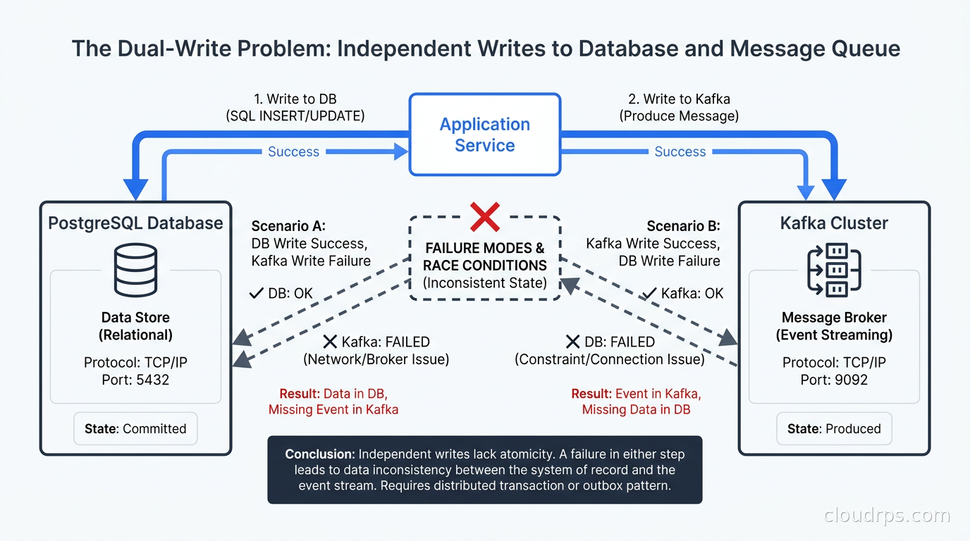 Diagram showing the dual-write problem with a service writing to both PostgreSQL and Kafka independently, highlighting the race condition failure modes