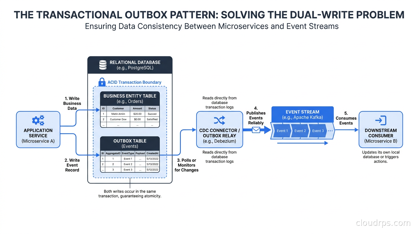 Architecture diagram showing the transactional outbox pattern with a database outbox table, CDC connector, and Kafka event stream