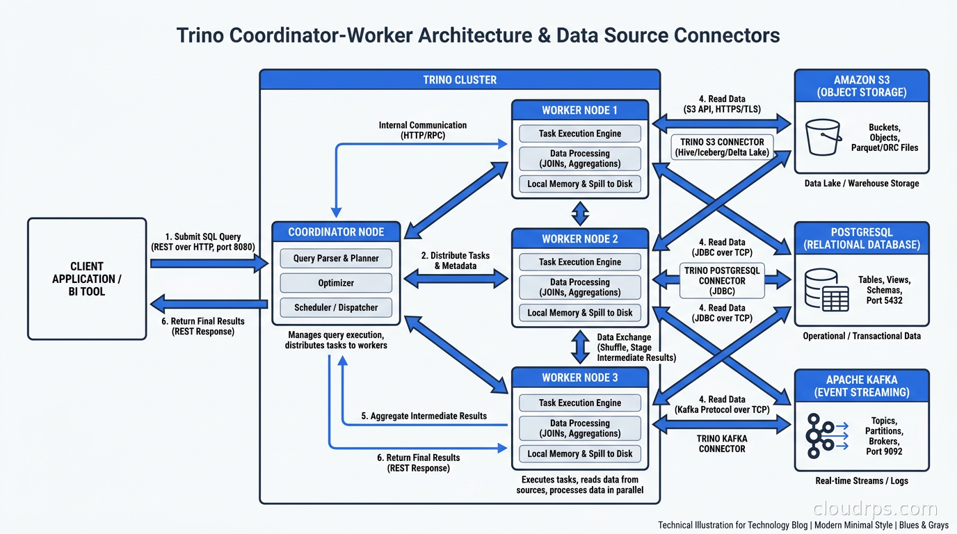 Trino coordinator-worker architecture with connectors to S3, PostgreSQL, and Kafka data sources