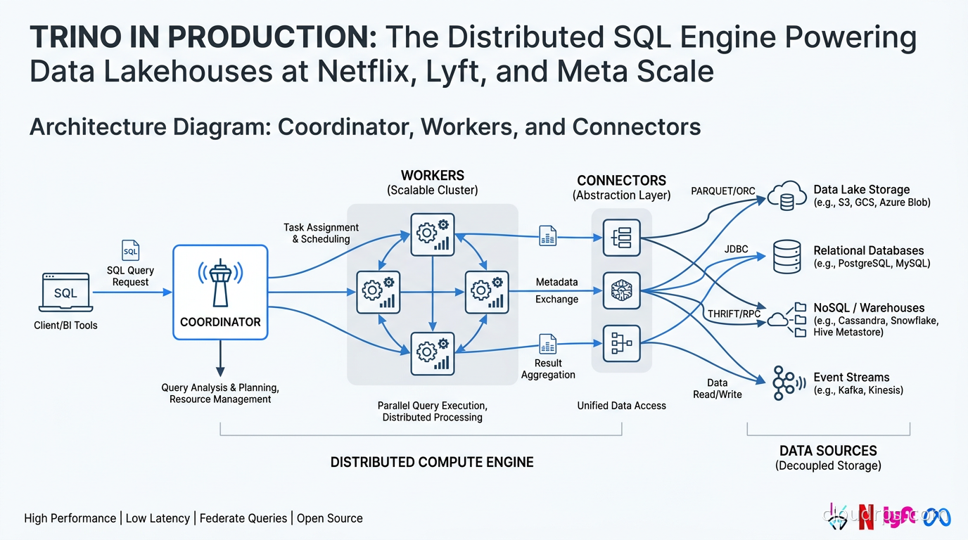 Trino distributed SQL query engine architecture diagram showing coordinator, workers, and connectors to various data sources