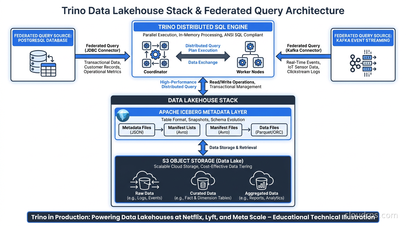 Trino data lakehouse stack with S3 object storage, Apache Iceberg metadata layer, and federated query to PostgreSQL and Kafka